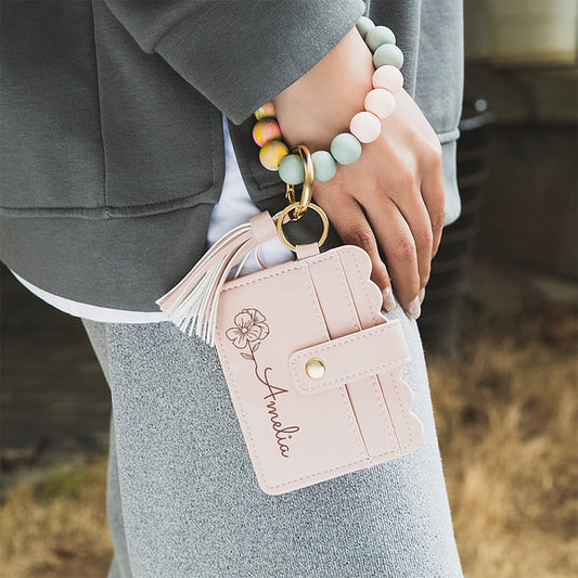 パーソナライズされた誕生花キーホルダー リストレット レザーウォレット ビーズブレスレットと名前付き 彼女への誕生日母の日ギフト - Fallook