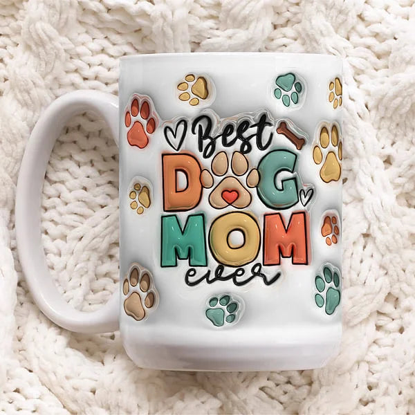 母の日祝 Dog Mom Dog Dad - 個性化された3D膨らませ効果プリントマグ クロースタイル 骨·白いマグカップ - Fallook