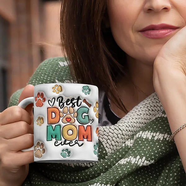 母の日祝 Dog Mom Dog Dad - 個性化された3D膨らませ効果プリントマグ クロースタイル 骨·白いマグカップ - Fallook