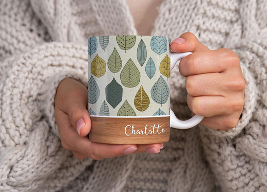 パーソナライズされた花と葉のパターン 木製スタイルの名前入り「Leaf Pattern」