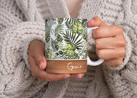 パーソナライズされた花と葉のパターン 木製スタイルの名前入り「Palm Leaves」