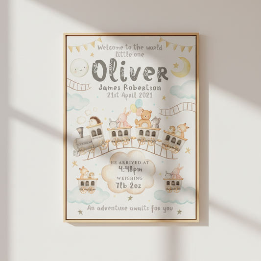 【名入れ】出産祝い 水彩画風 列車と動物のキャンバスプリント 命名書 ベビー