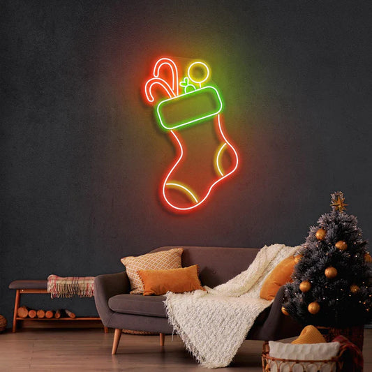 クリスマスソックスのネオンサイン付きキャンディ · クリスマスのネオンサイン · 部屋 ネオン ライト - Fallook