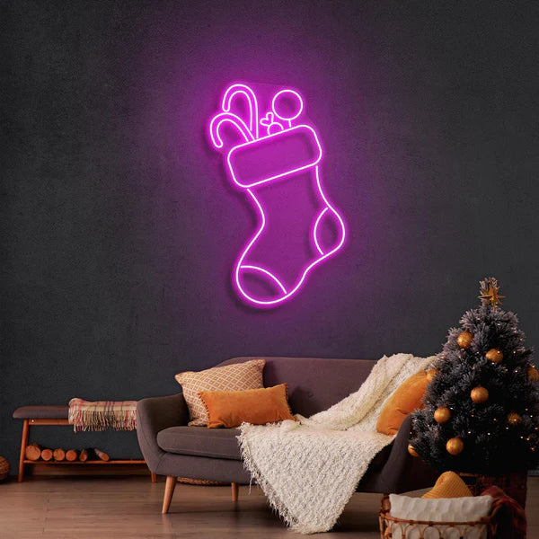 クリスマスソックスのネオンサイン付きキャンディ · クリスマスのネオンサイン · 部屋 ネオン ライト - Fallook