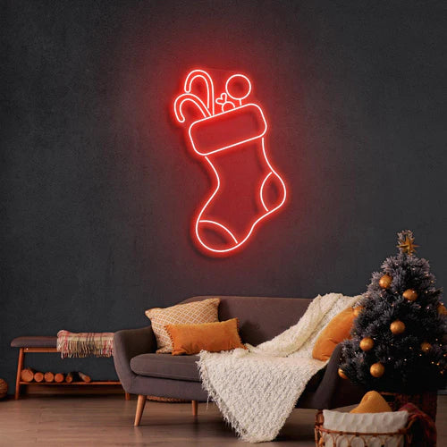 クリスマスソックスのネオンサイン付きキャンディ · クリスマスのネオンサイン · 部屋 ネオン ライト - Fallook