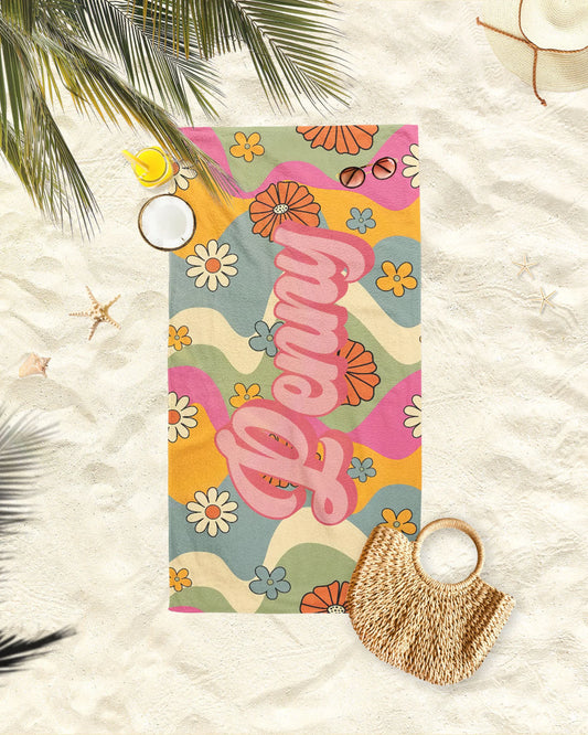 オリジナル名前入りビーチタオル ♪ オーダーメイド 桃色の花 - Fallook