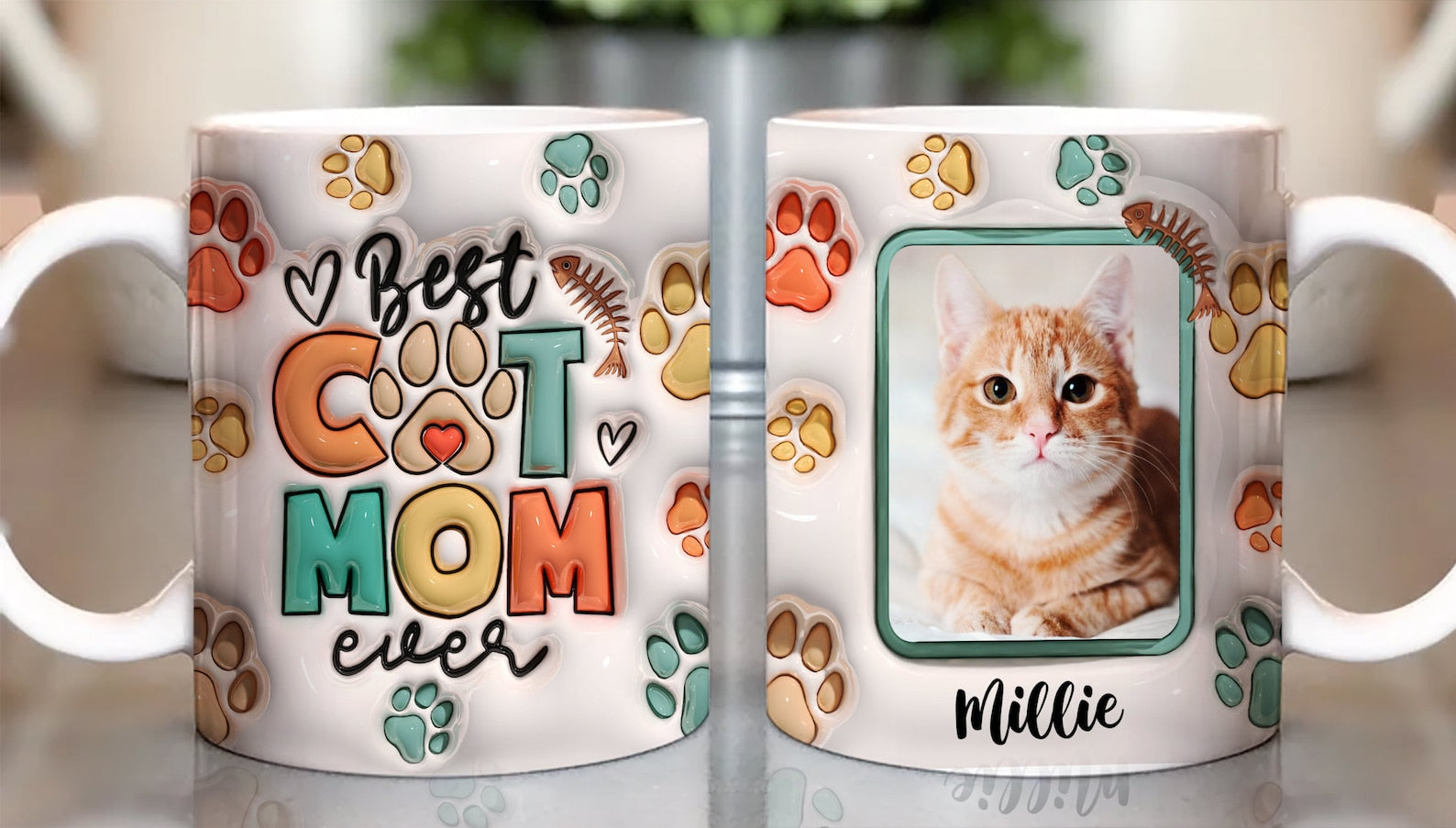 母の日祝 Cat Mom Cat Dad - 個性化された3D膨らませ効果プリントマグ クロースタイル·白いマグカップ - Fallook