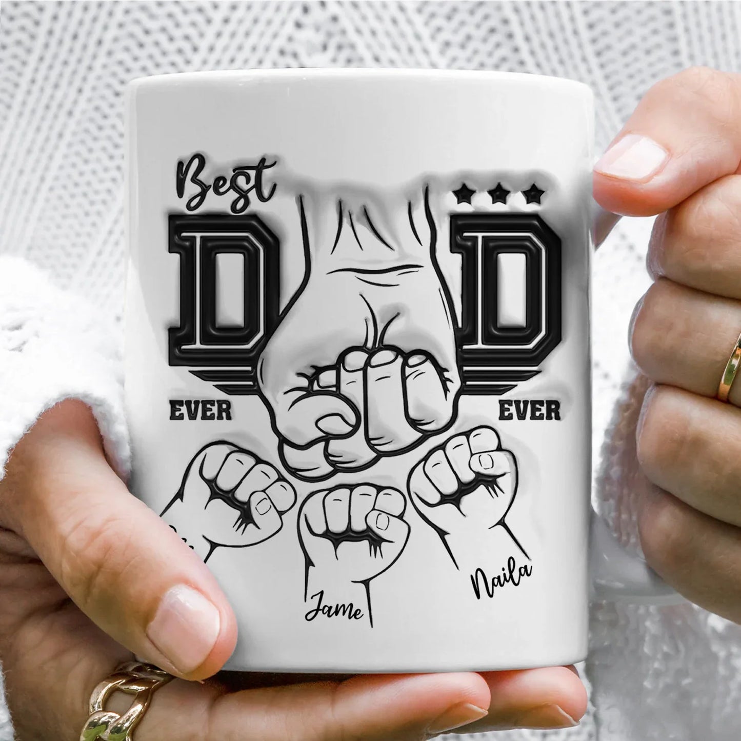 Our First Father's Day 子供たちの手を握るパーソナライズされたお父さんマグツール トップハット 黒と白のスタイル - Fallook