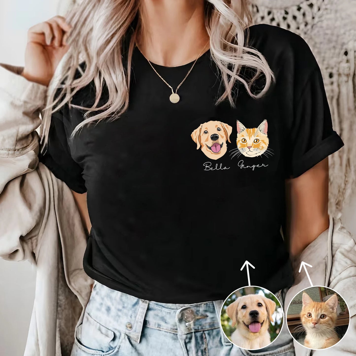 印絵 愛犬・愛猫ペット 写真オーダーメイドTシャツ 線 カートゥーンバージョン