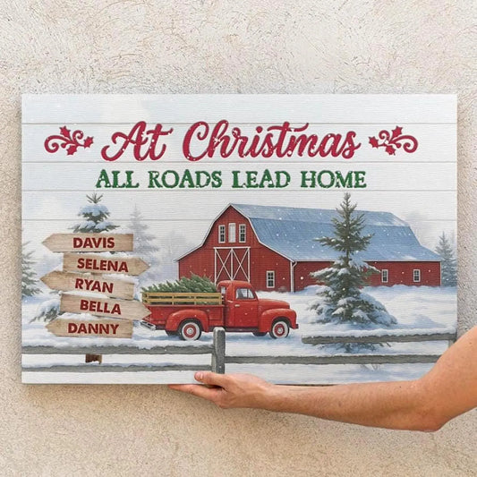 ❗️送料は無料 パーソナライズされたファミリークリスマスキャンバス All Roads Lead Home