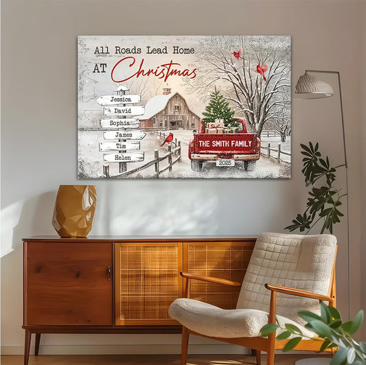 ❗️送料は無料 パーソナライズされたファミリークリスマスキャンバス All Roads Lead Home At Xmas