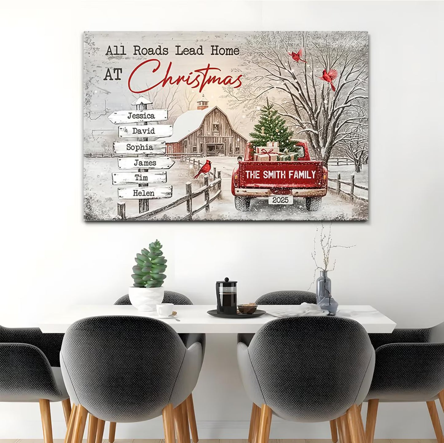 ❗️送料は無料 パーソナライズされたファミリークリスマスキャンバス All Roads Lead Home At Xmas