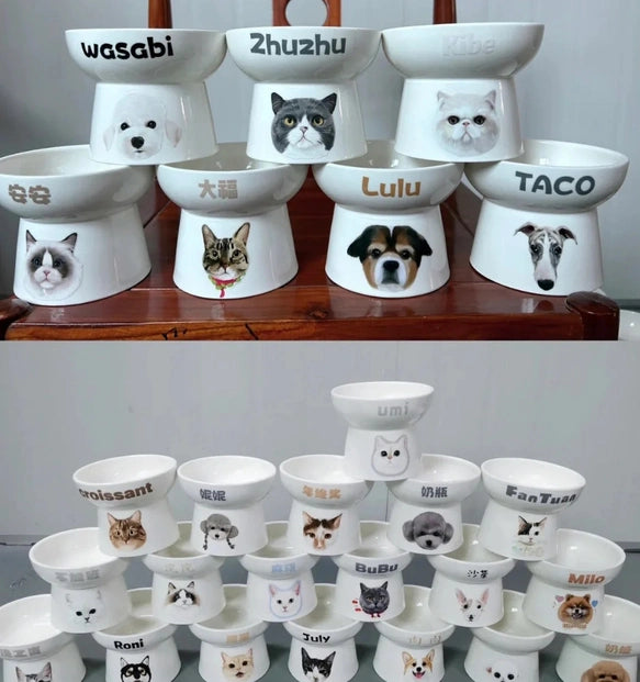 ペットフードボウルには·オリジナルのペットの似顔絵と名前が入れられます