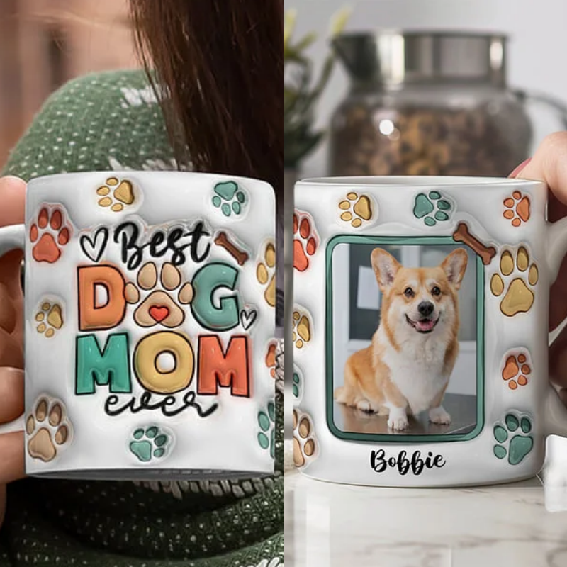 母の日祝 Dog Mom Dog Dad - 個性化された3D膨らませ効果プリントマグ クロースタイル 骨·白いマグカップ - Fallook