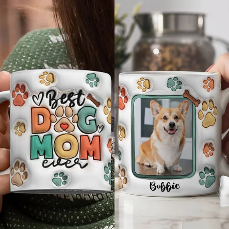 母の日祝 Dog Mom Dog Dad - 個性化された3D膨らませ効果プリントマグ クロースタイル  骨·白いマグカップ