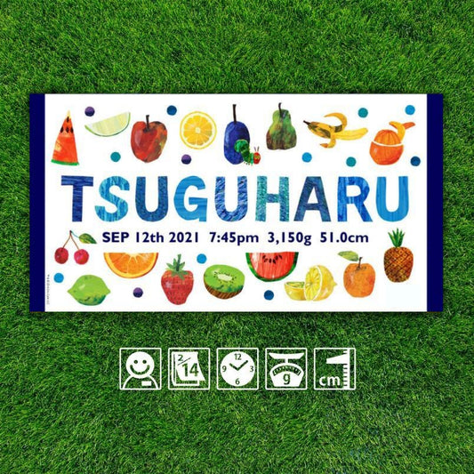 趣味柄のビーチタオルです·名前と誕生日のメッセージが入っています｜多種の果物·青