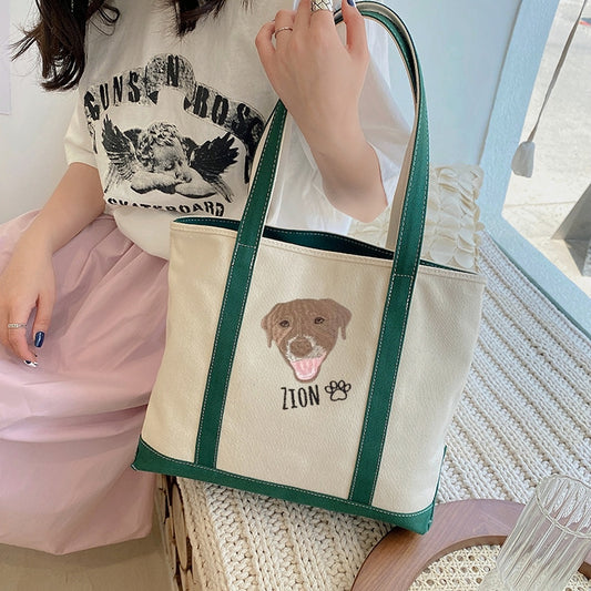 片面刺繡♪名入れペット写真 カスタムペット顔刺繍キャンバストートバッグ - Fallook