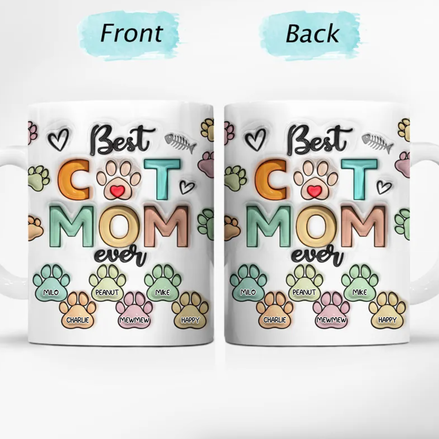 母の日祝 Cat Mom Cat Dad - 個性化された3D膨らませ効果プリントマグ 足と名前·白いマグカップ
