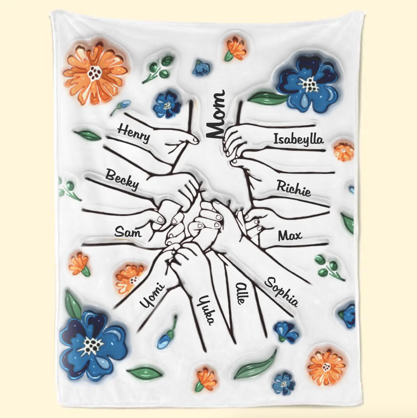 新発売！私たちはあなたを愛しています、ママ - ファミリー パーソナライズされたカスタム 3D インフレート効果プリントブランケット 青い花 - Fallook