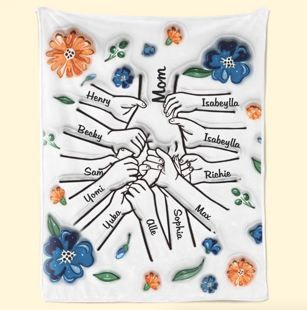 新発売！私たちはあなたを愛しています、ママ - ファミリー パーソナライズされたカスタム 3D インフレート効果プリントブランケット 青い花 - Fallook