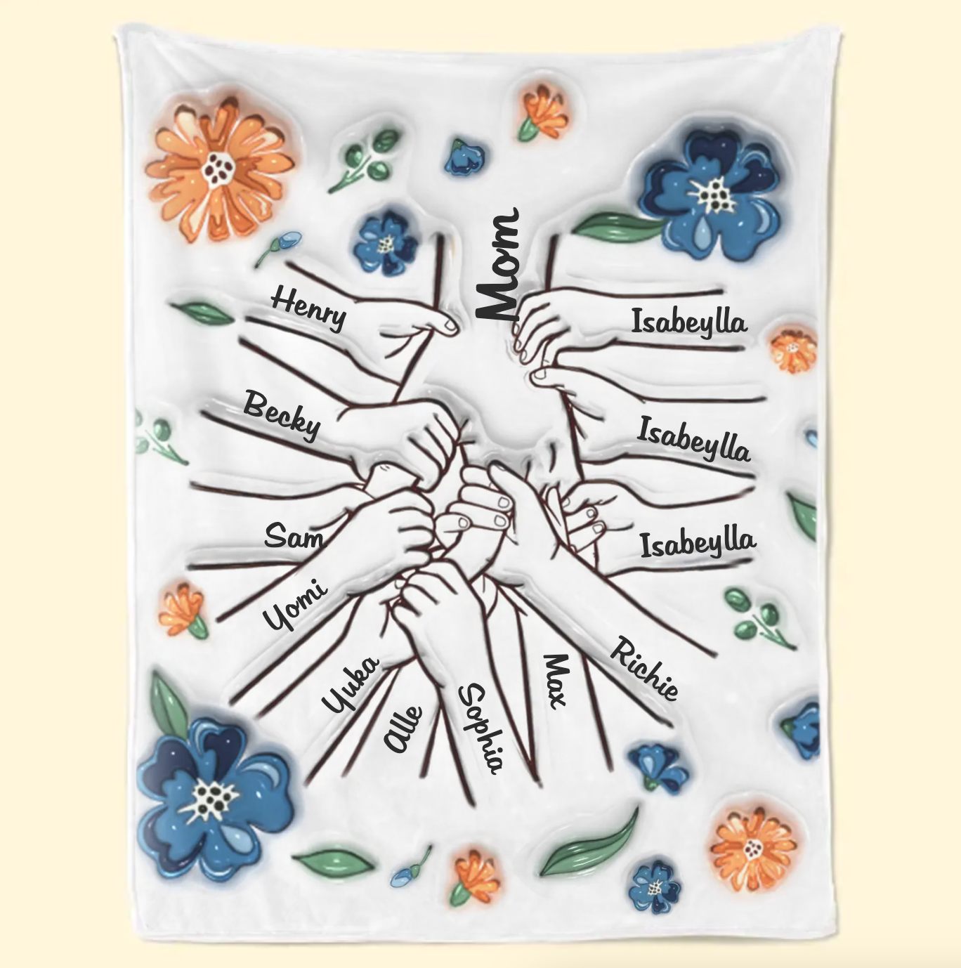 新発売！私たちはあなたを愛しています、ママ - ファミリー パーソナライズされたカスタム 3D インフレート効果プリントブランケット 青い花 - Fallook