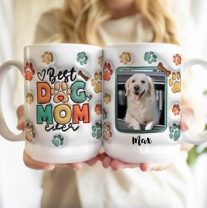 母の日祝 Dog Mom Dog Dad - 個性化された3D膨らませ効果プリントマグ クロースタイル  骨·白いマグカップ