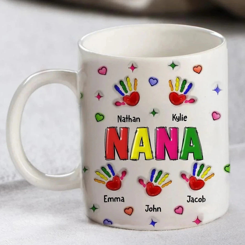 母の日パームマグ 個性的なカラフルなおばあちゃん/お母さんの手形孫のマグカップ - Fallook