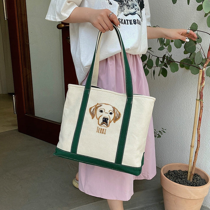 片面刺繡♪名入れペット写真 カスタムペット顔刺繍キャンバストートバッグ