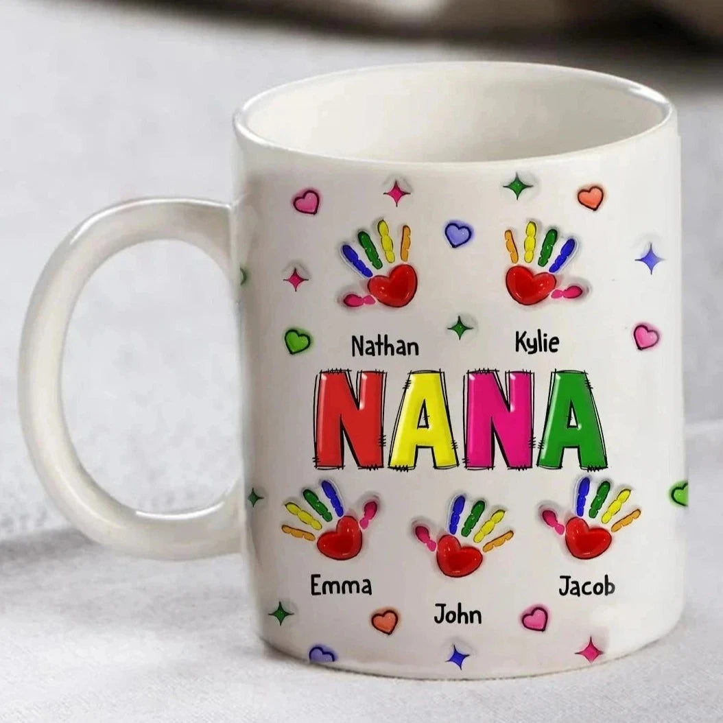 母の日パームマグ 個性的なカラフルなおばあちゃん/お母さんの手形孫のマグカップ - Fallook