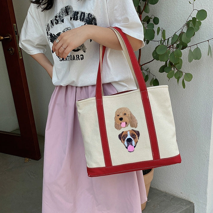 片面刺繡♪名入れペット写真 カスタムペット顔刺繍キャンバストートバッグ - Fallook