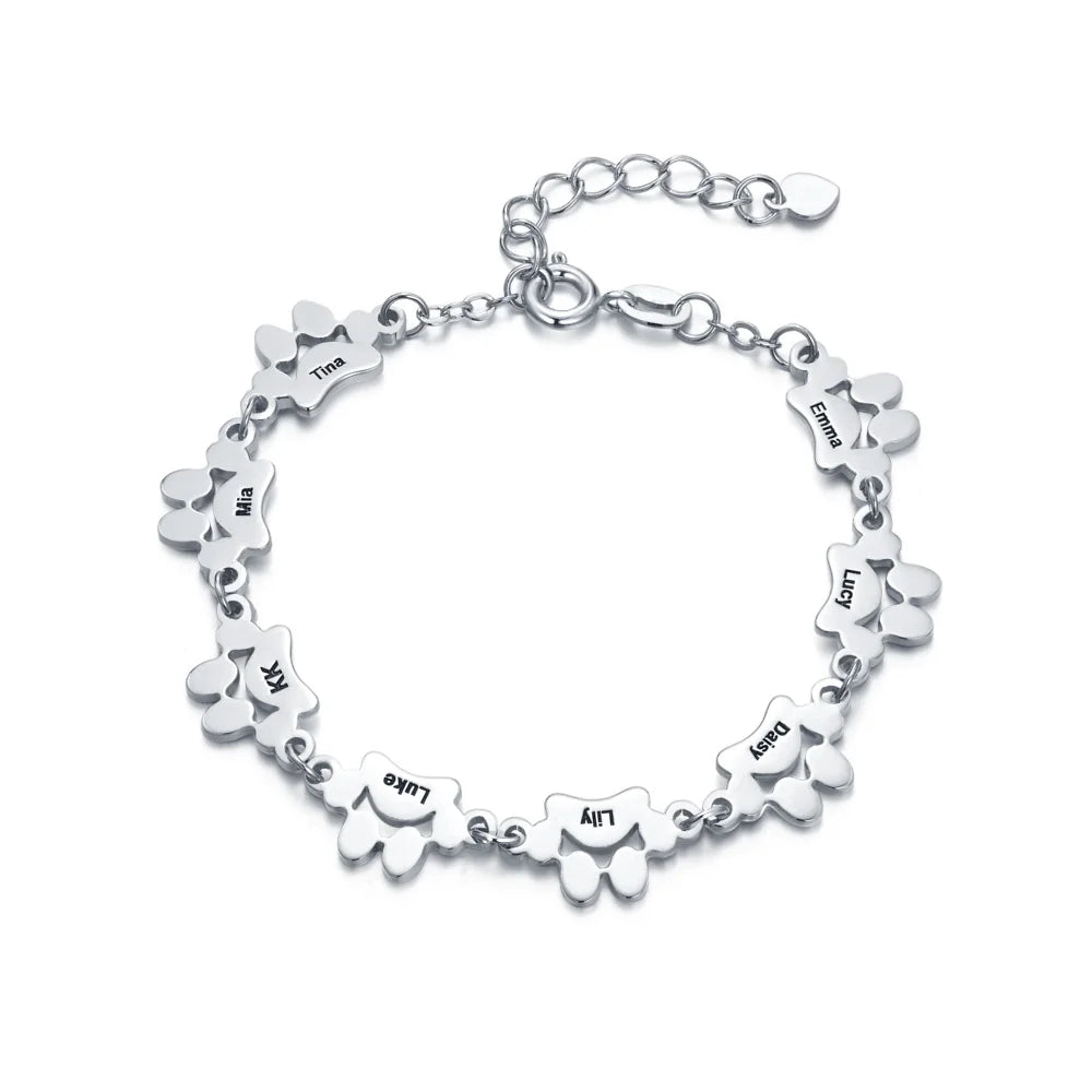 女性のペット愛好家のための刻まれた名前の誕生日記念ギフトとパーソナライズされたかわいい犬の猫の足プリントブレスレット - Fallook