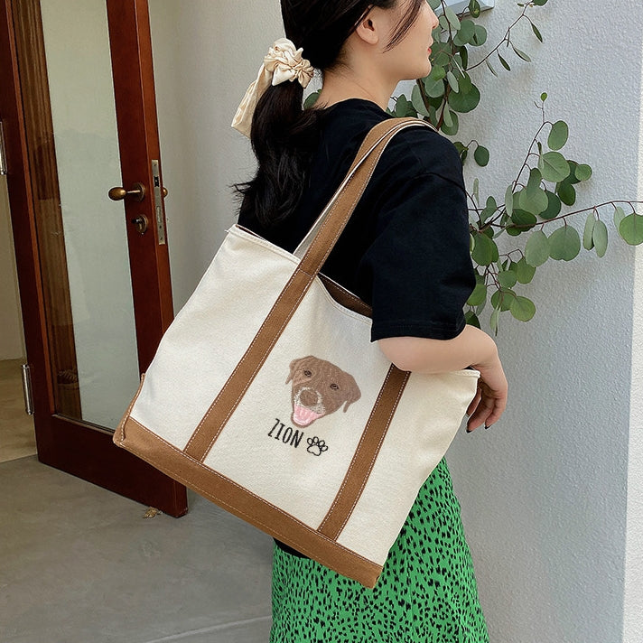 片面刺繡♪名入れペット写真 カスタムペット顔刺繍キャンバストートバッグ - Fallook