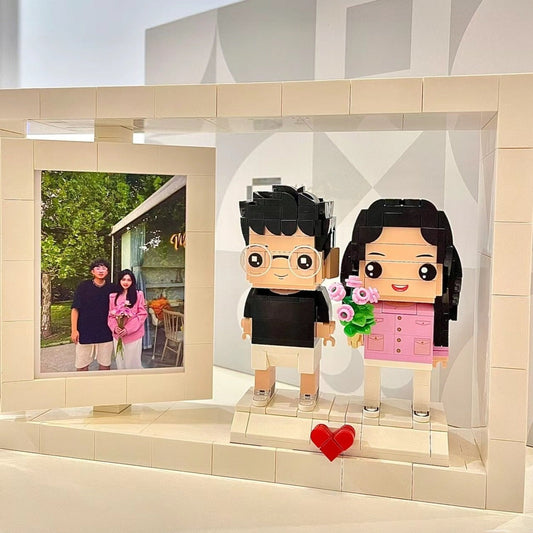 カスタマイズされた 2 人ビルディングブロックキャラクターフォトフレーム小さな粒子ビルディングブロック家の装飾ビルディングブロック人形ラブバルーン - Fallook