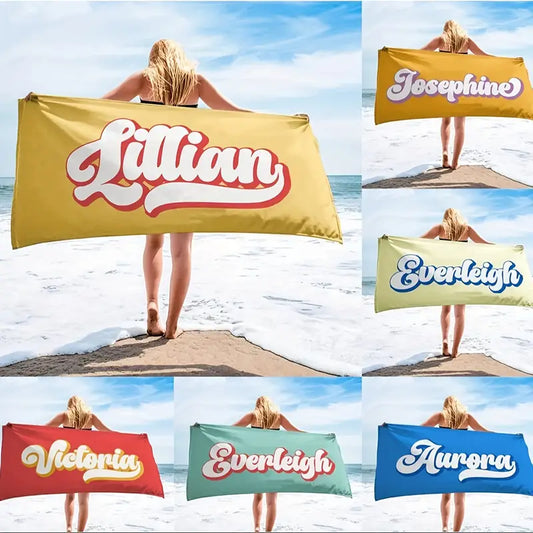 Colorful beach towel with name outdoor