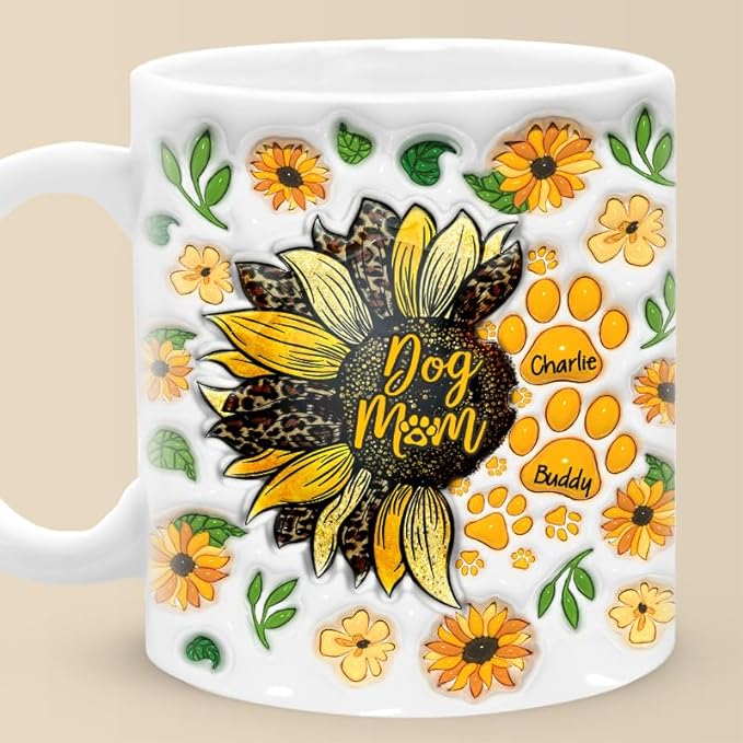 母の日祝 Dog Mom Dog Dad - 個性化された3D膨らませ効果プリントマグ ひまわり·白いマグカップ - Fallook