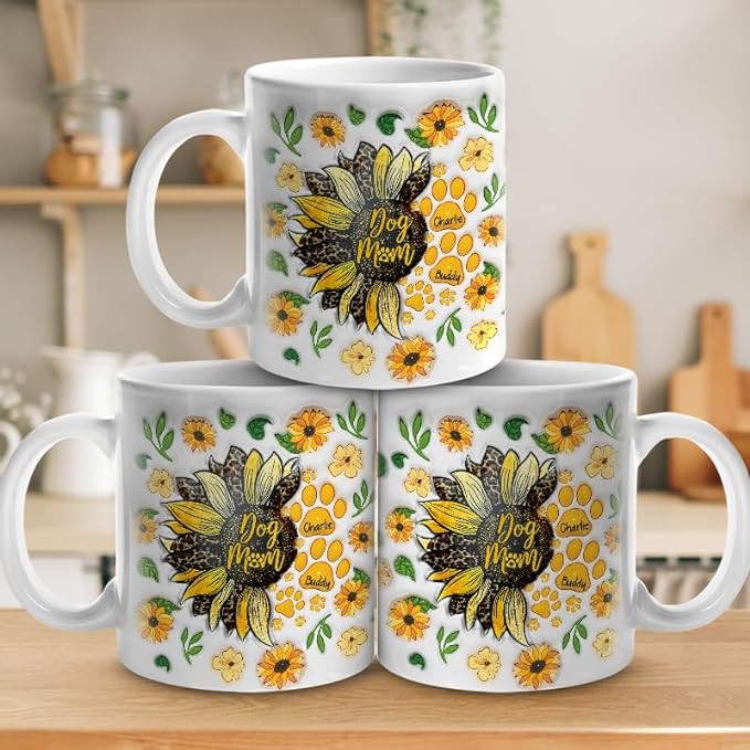 母の日祝 Dog Mom Dog Dad - 個性化された3D膨らませ効果プリントマグ ひまわり·白いマグカップ - Fallook