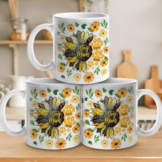 母の日祝 Dog Mom Dog Dad - 個性化された3D膨らませ効果プリントマグ ひまわり·白いマグカップ - Fallook