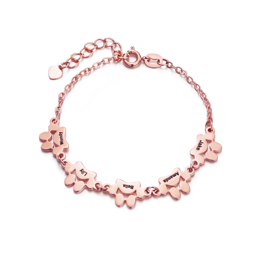 女性のペット愛好家のための刻まれた名前の誕生日記念ギフトとパーソナライズされたかわいい犬の猫の足プリントブレスレット - Fallook