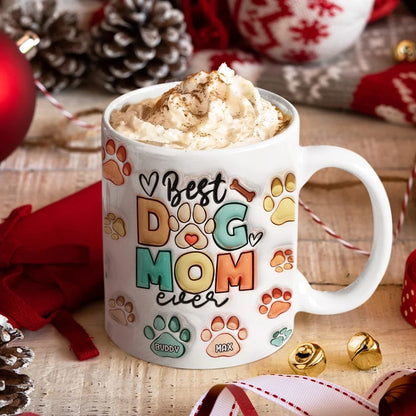 母の日祝 Dog Mom Dog Dad - 個性化された3D膨らませ効果プリントマグ 足と名前·白いマグカップ