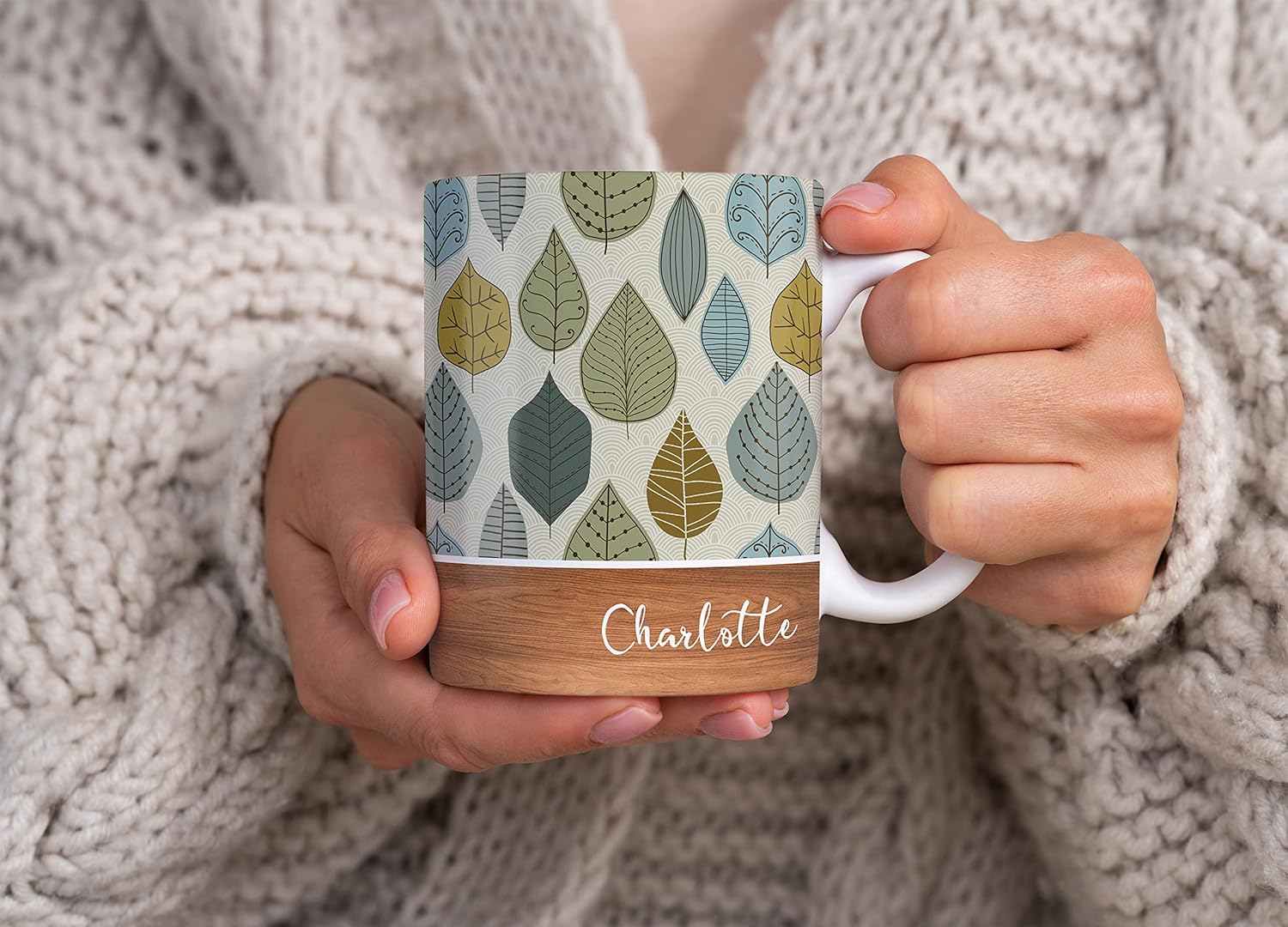 パーソナライズされた花と葉のパターン 木製スタイルの名前入り「Leaf Pattern」