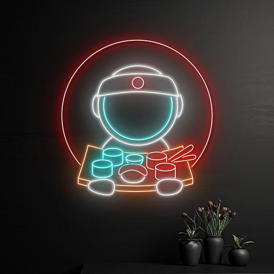 寿司を食べる宇宙飛行士のネオンサイン、寿司宇宙飛行士のLEDサイン、宇宙飛行士のLEDライト、日本ライスロールのネオンライト、和食の部屋の壁の装飾 - Fallook