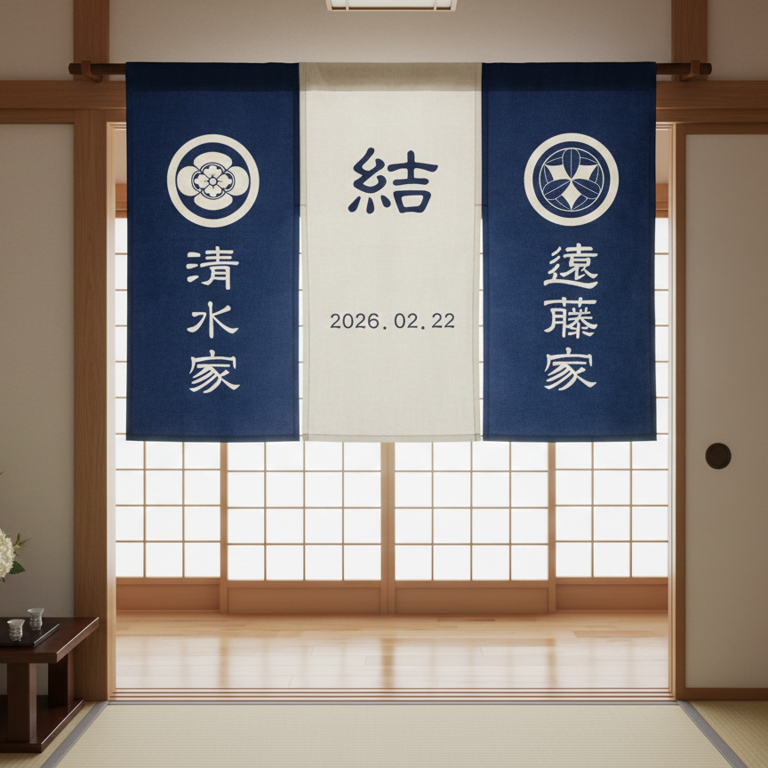 【ウェルカムボード】カスタムOK！暖簾、結婚式、厚手、和装、着物、ウェディング、家紋、ウェルカムスペース·青