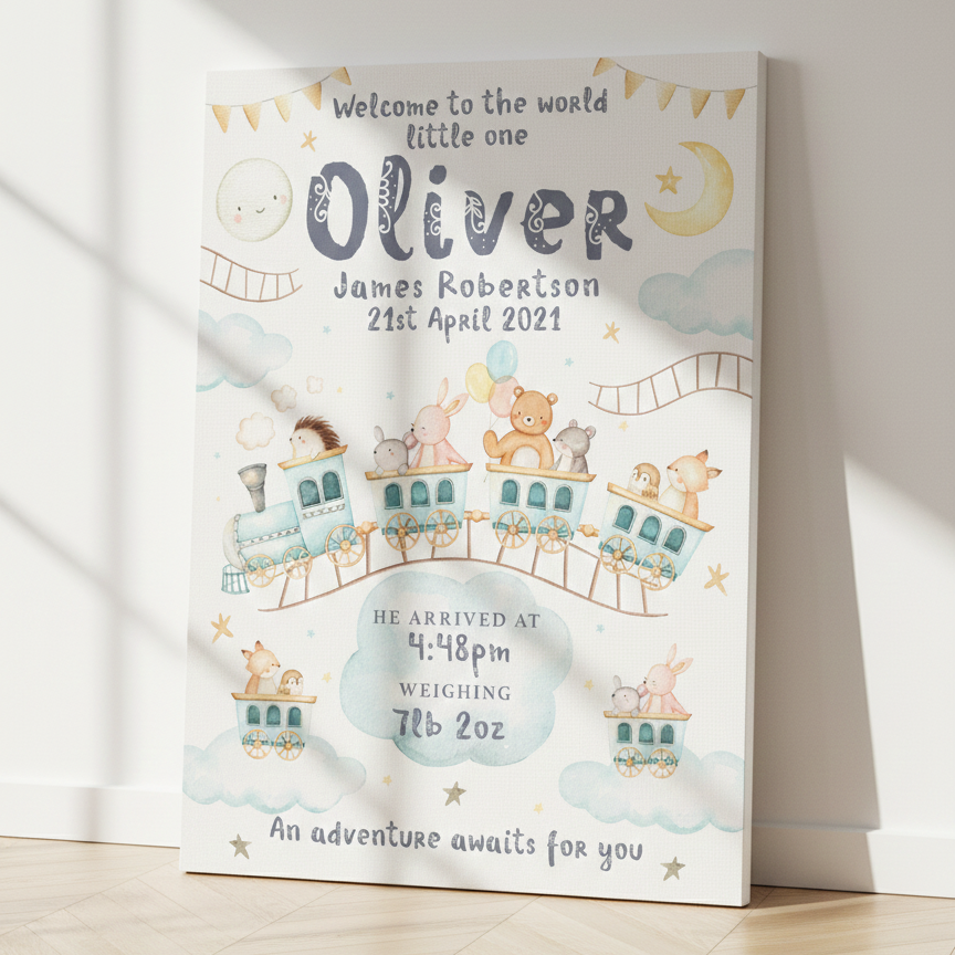 【名入れ】出産祝い 水彩画風 列車と動物のキャンバスプリント 命名書 ベビー