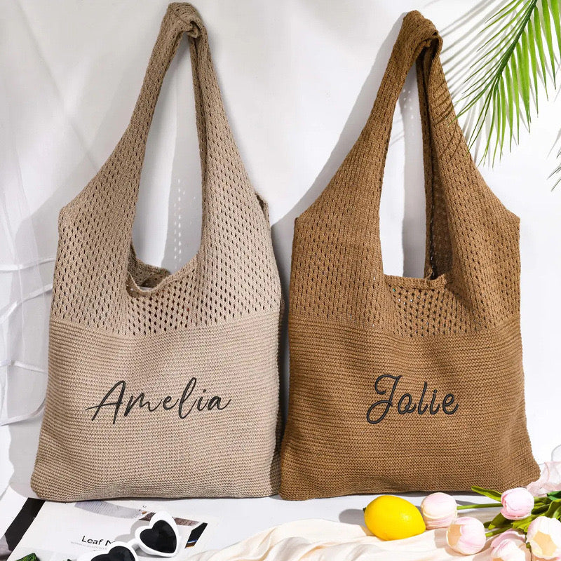 【オーダーメイド】名入れ　刺繍 ニットバッグ トートバッグ 多色