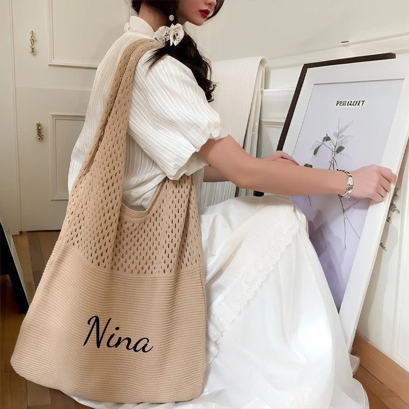 【オーダーメイド】名入れ　刺繍 ニットバッグ トートバッグ 多色