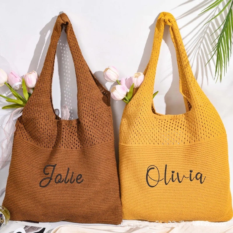 【オーダーメイド】名入れ　刺繍 ニットバッグ トートバッグ 多色