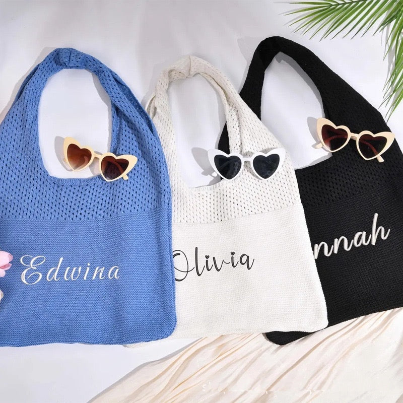 【オーダーメイド】名入れ　刺繍 ニットバッグ トートバッグ 多色