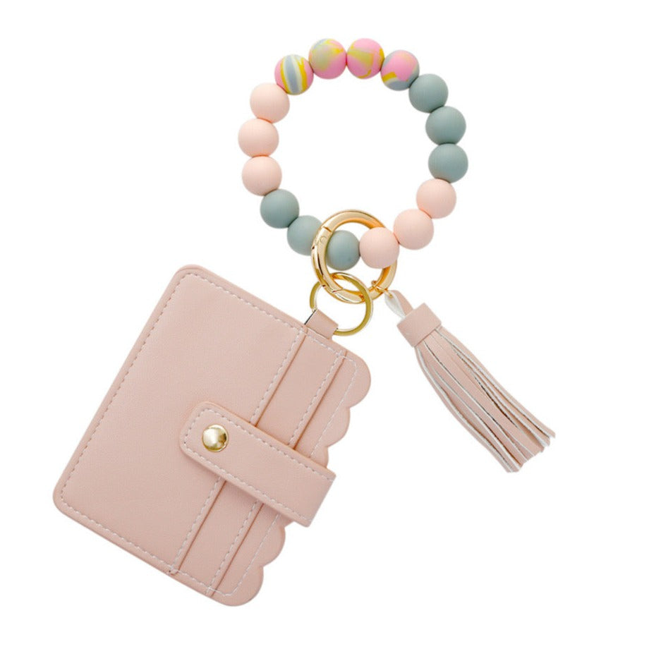 パーソナライズされたキーホルダー リストレット レザーウォレット ビーズブレスレットと名前付き - Fallook