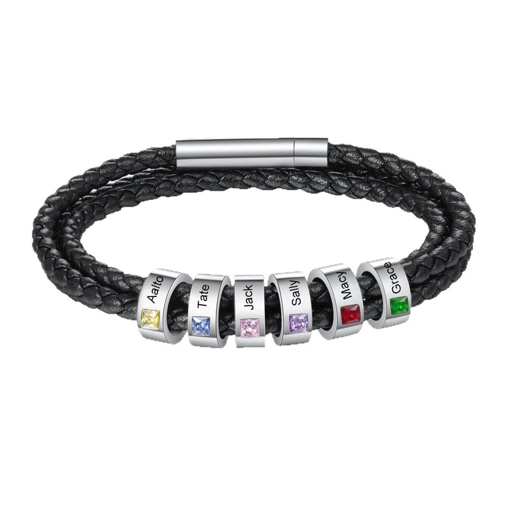 父の日用パーソナライズされたギフト ｜ブラックレザー ｜刻印入り誕生石チャームビーズ