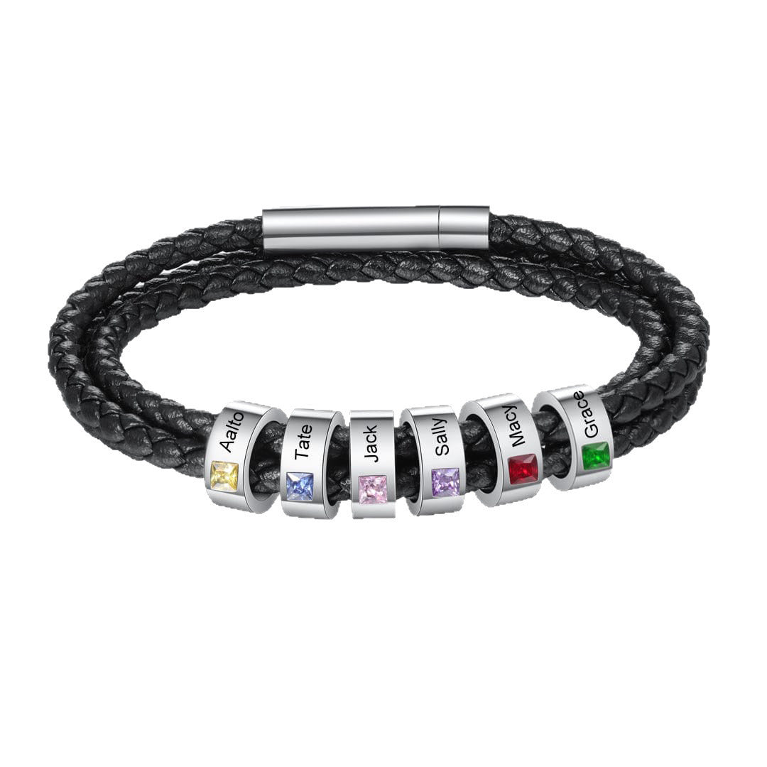 父の日用パーソナライズされたギフト ｜ブラックレザー ｜刻印入り誕生石チャームビーズ